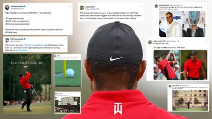 Image featuring the back of Tiger Woods and comments on X about his split with Nike