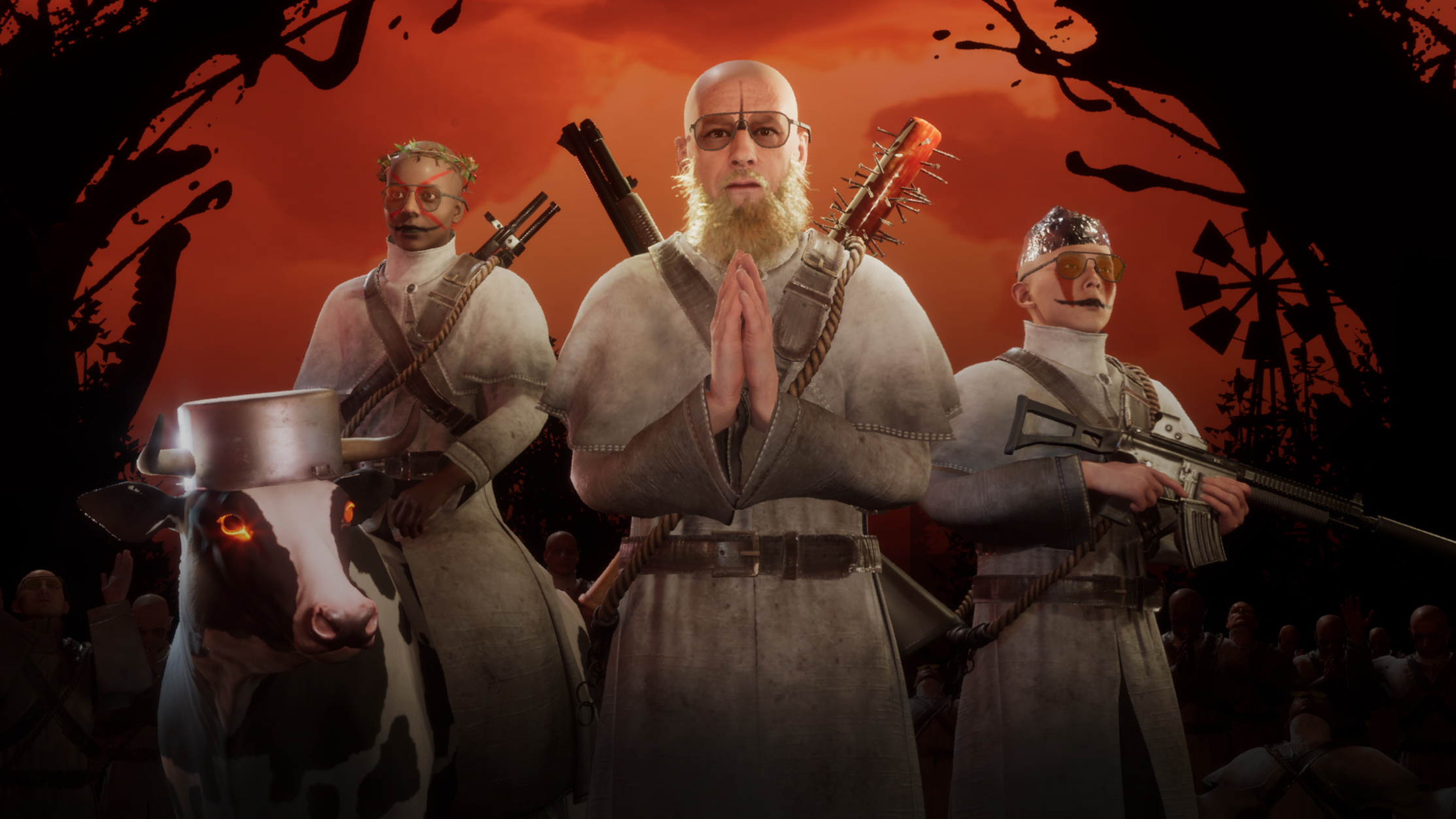 Cult members with weapons and a cow with a pot on its head