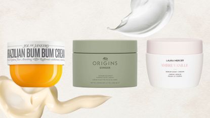 A collage of some of the best smelling body lotions included in this guide, from Sol De Janeiro, Origins and Laura Mercier, arranged in a line with stock images of body cream swatches/on a cream background