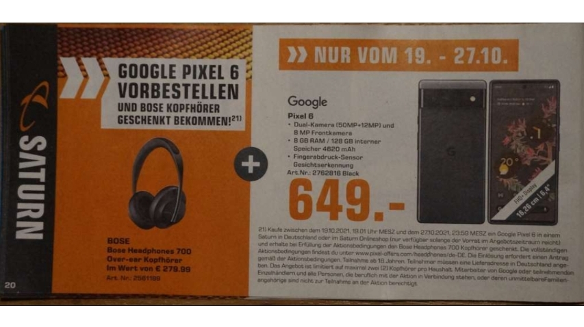 A listing for the Pixel 6 at German retailer Saturn