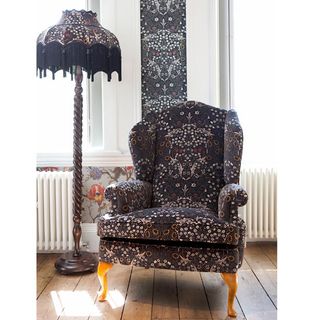 arm chair and floor lamp with blackthron velvet and wooden floor
