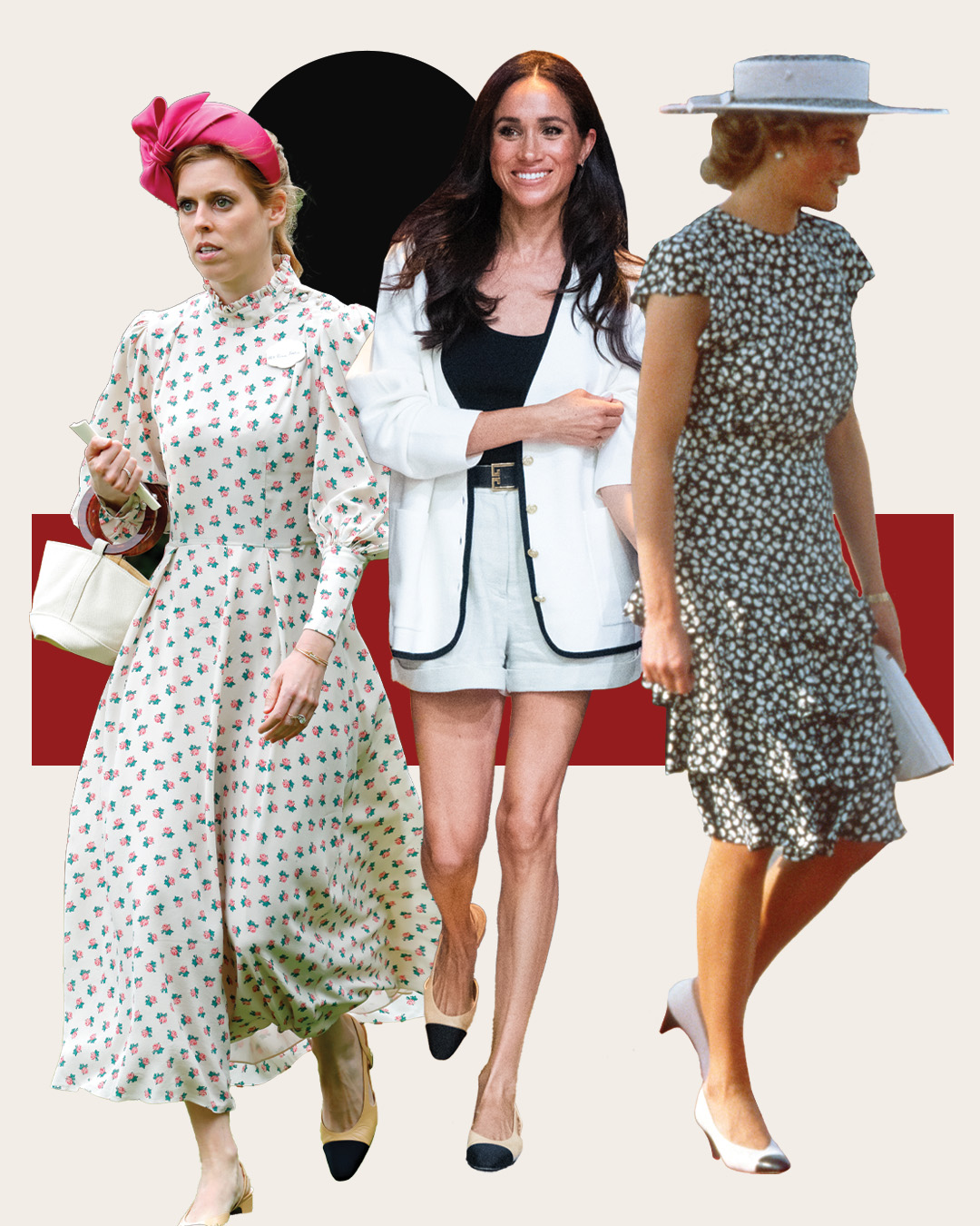 A collage of royals like Princess Diana and Meghan Markle wearing the Chanel slingbacks.