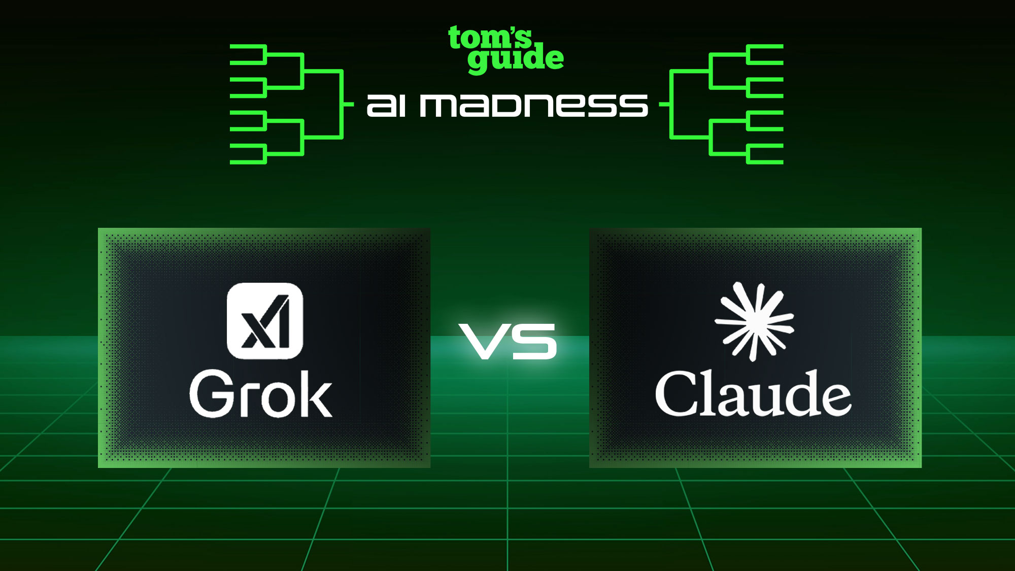 Tom's Guide AI Madness logo with a versus faceoff between Grok and Claude logos