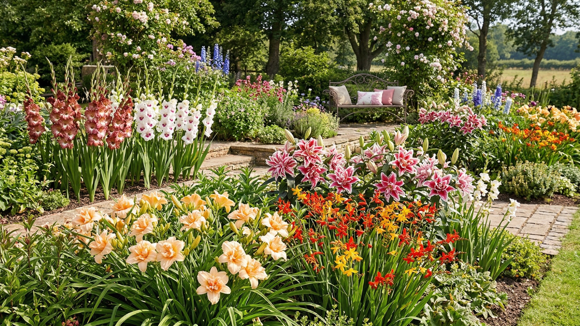 colorful garden created with summer-flowering bulbs and tubers