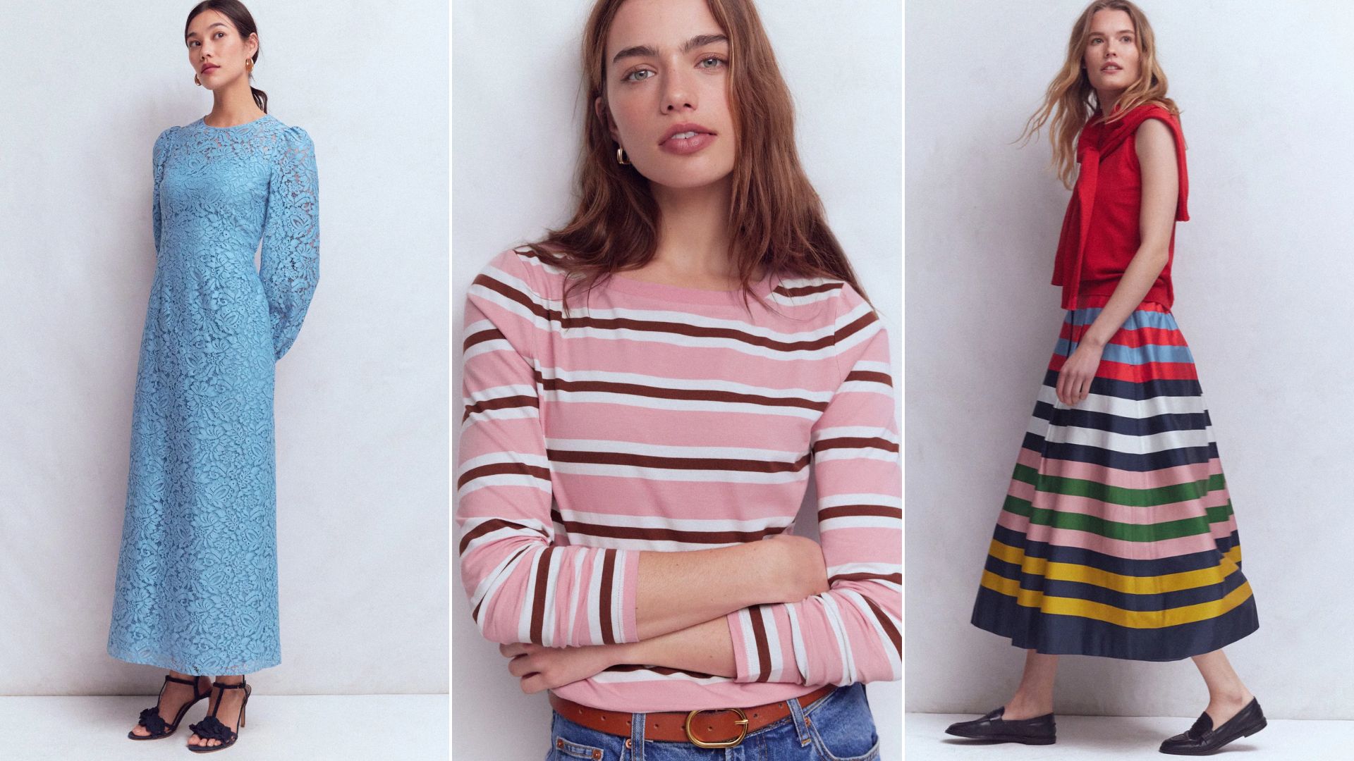 Three women wear different outfits from Boden