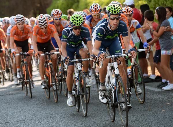 Movistar riders on the front of the peloton during stage 20.