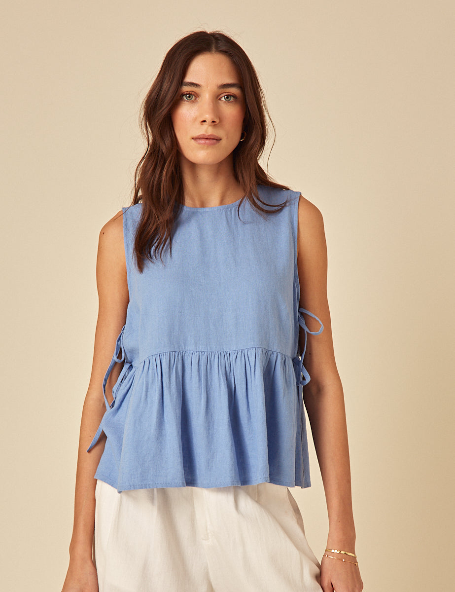 Blue Linen-Blend Peplum Swing Top