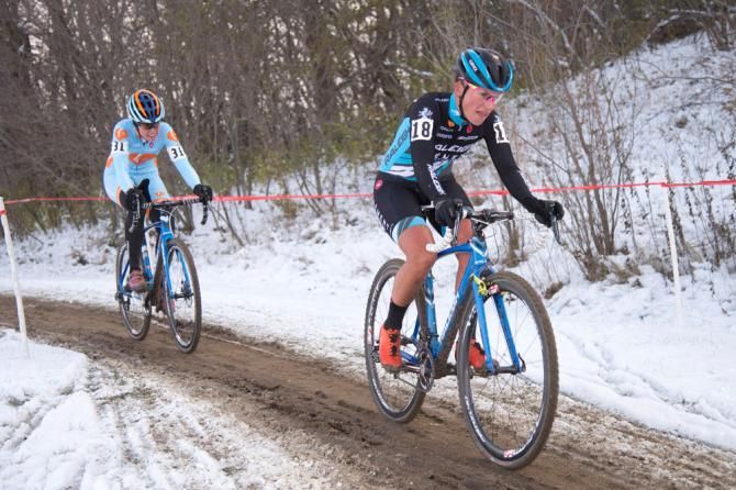 Caroline Mani and Erica Zaveta negotiate the icy course in the shade of the hill