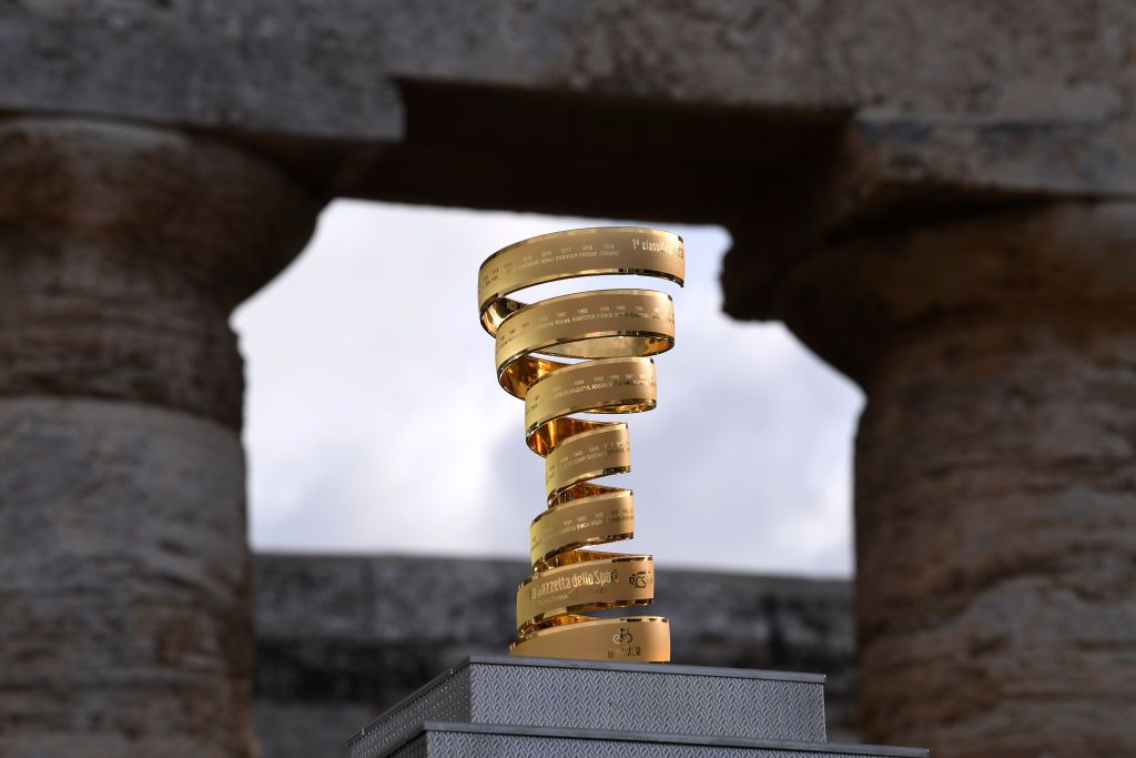 PALERMO ITALY OCTOBER 01 Trofeo Senza Fine Trophy Landscape during the 103rd Giro dItalia 2020 Team Presentation in Archaeological Park of Segesta in Palermo City Temple of Segesta girodiitalia Giro on October 01 2020 in Palermo Italy Photo by Tim de WaeleGetty Images