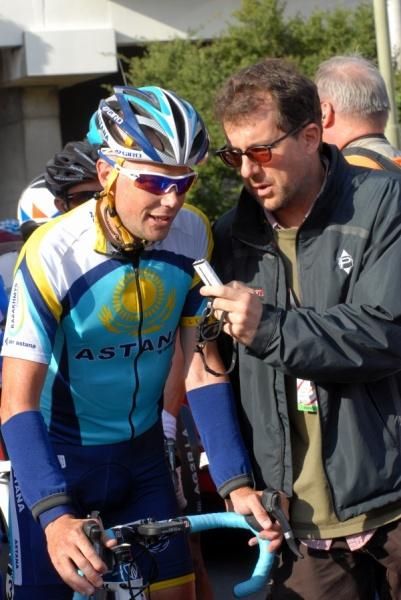 Chris Horner has a chat after the stage finish in Emmen.