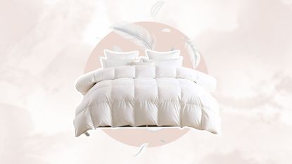 This viral Amazon duvet is so dreamy. Here is the white baffle box comforter with four pillows, on a beige circle with feather illustrations, and a beige and white background