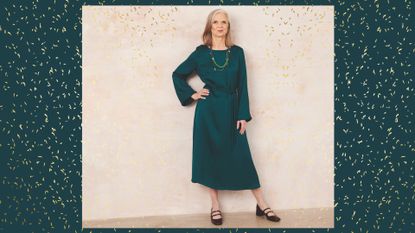 Alyson Walsh, fashion columnist, wearing a bottle green evening dress