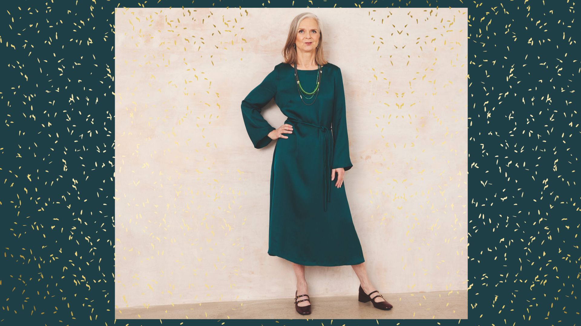 Alyson Walsh, fashion columnist, wearing a bottle green evening dress