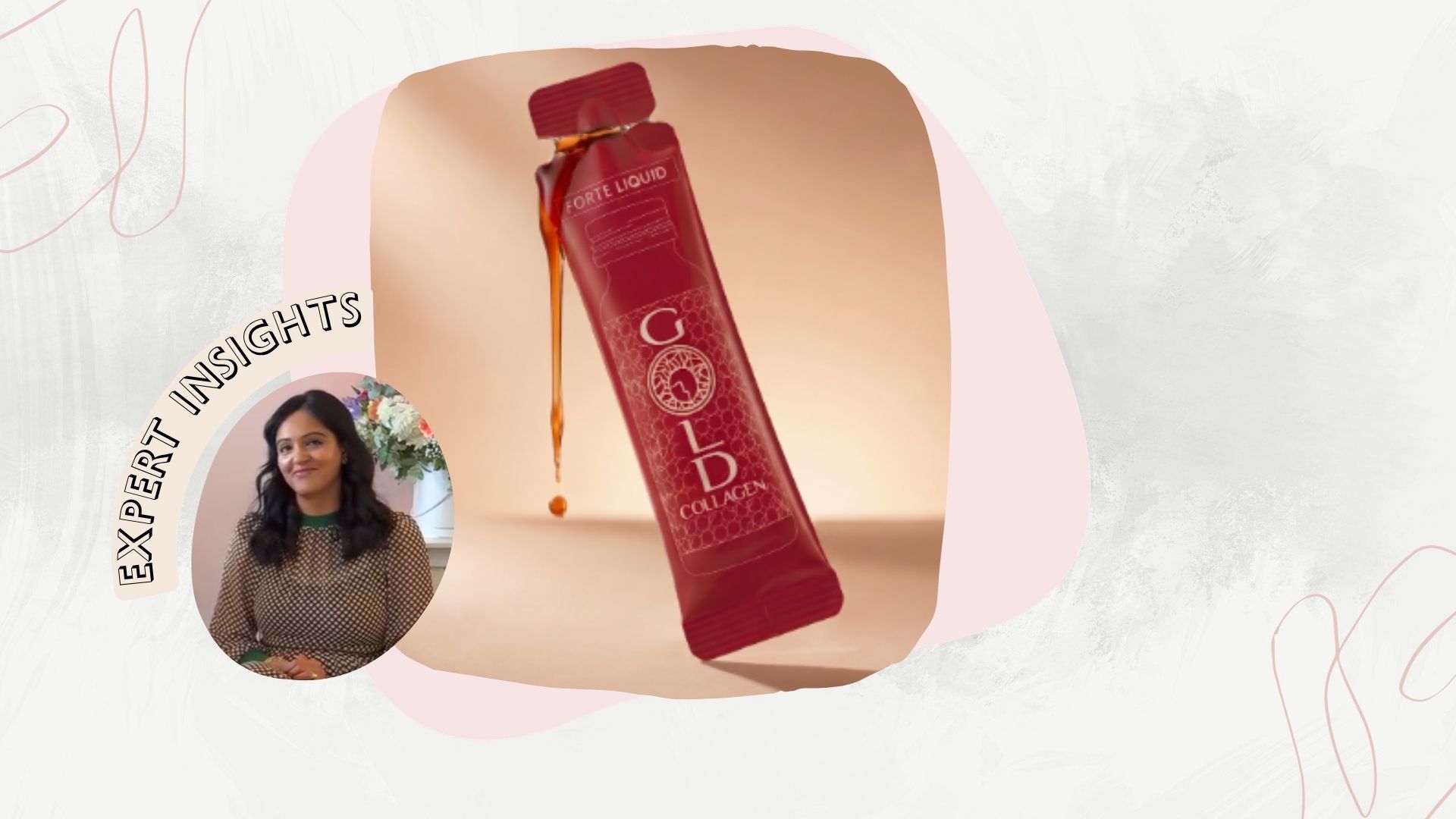 an image of Dr Vidhi at th woman&amp;home editors lunch in a leopard print dress next to a sachet of gold collagen