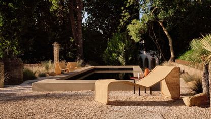 Rattan chairs by Gubi and Bonacina photographed poolside in a garden