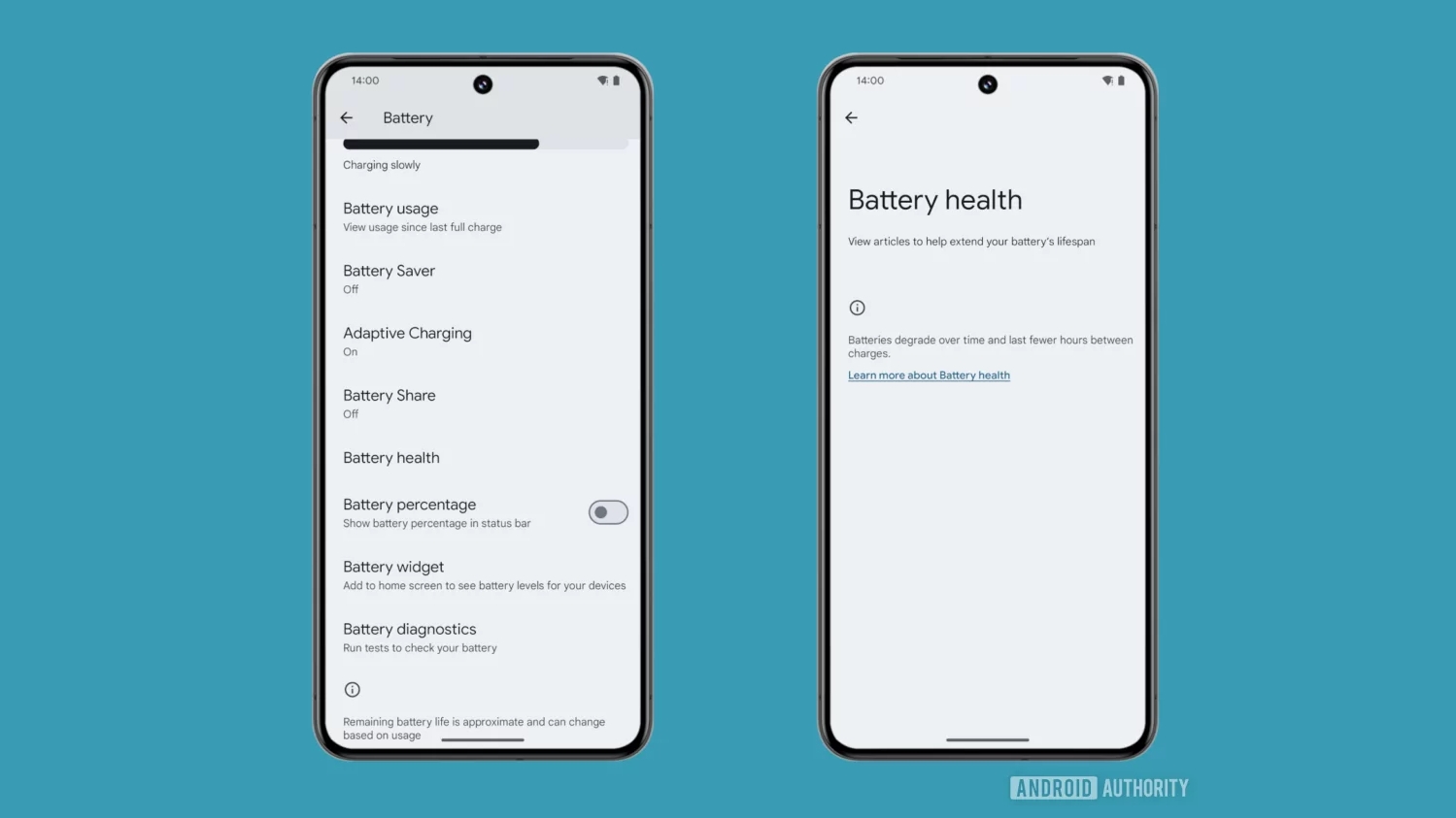 Una pantalla de estado de la batería oculta en Android 14