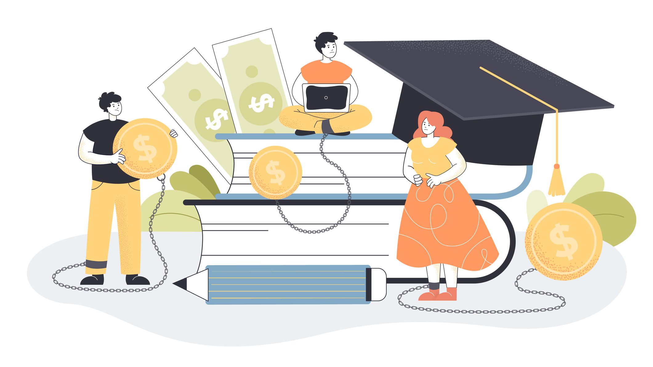 Illustration of small students stood next to giant books, pencils, dollar bills, and a graduate&#039;s cap