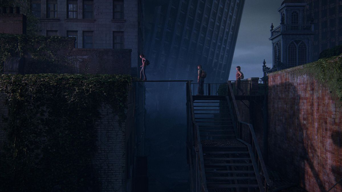 The Last of Us Part 1 wideshot of Ellie crossing a plank
