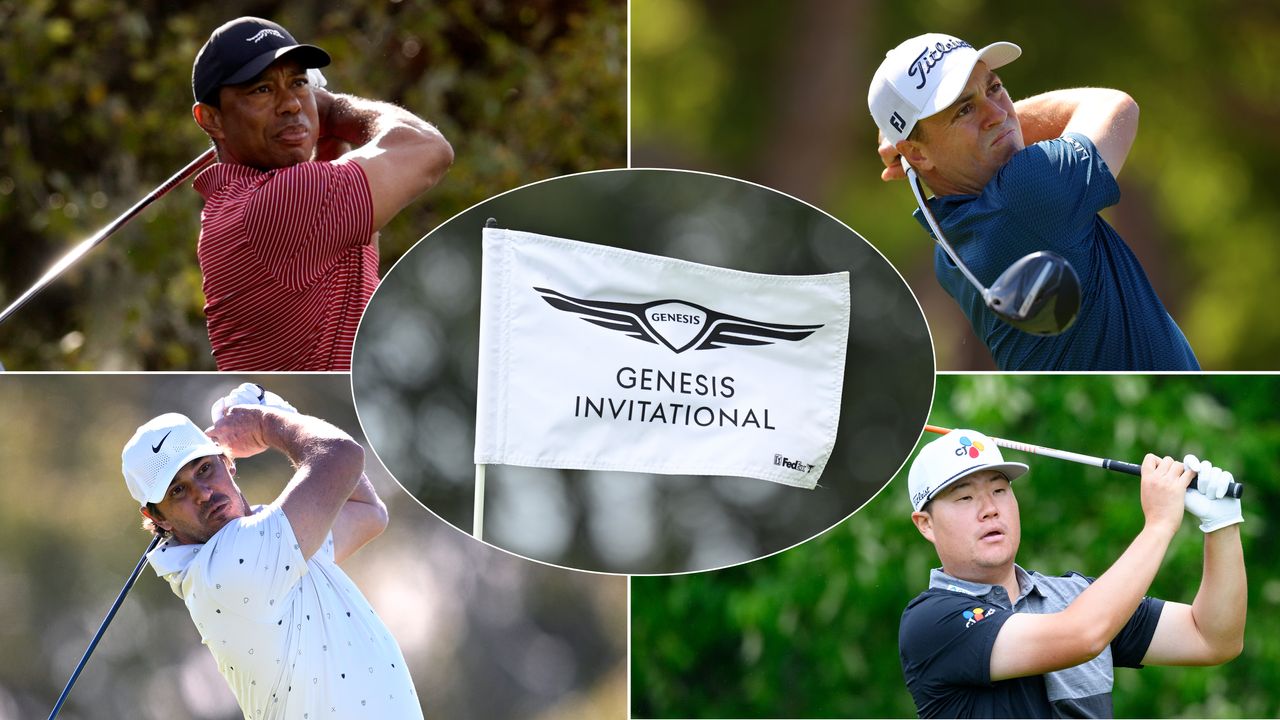 Tiger Woods, Justin Thomas, Brooks Koepka, Sungjae Im and a white Genesis Invitational flag