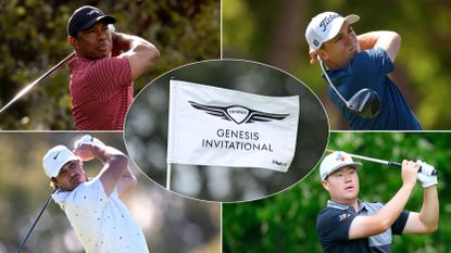 Tiger Woods, Justin Thomas, Brooks Koepka, Sungjae Im and a white Genesis Invitational flag