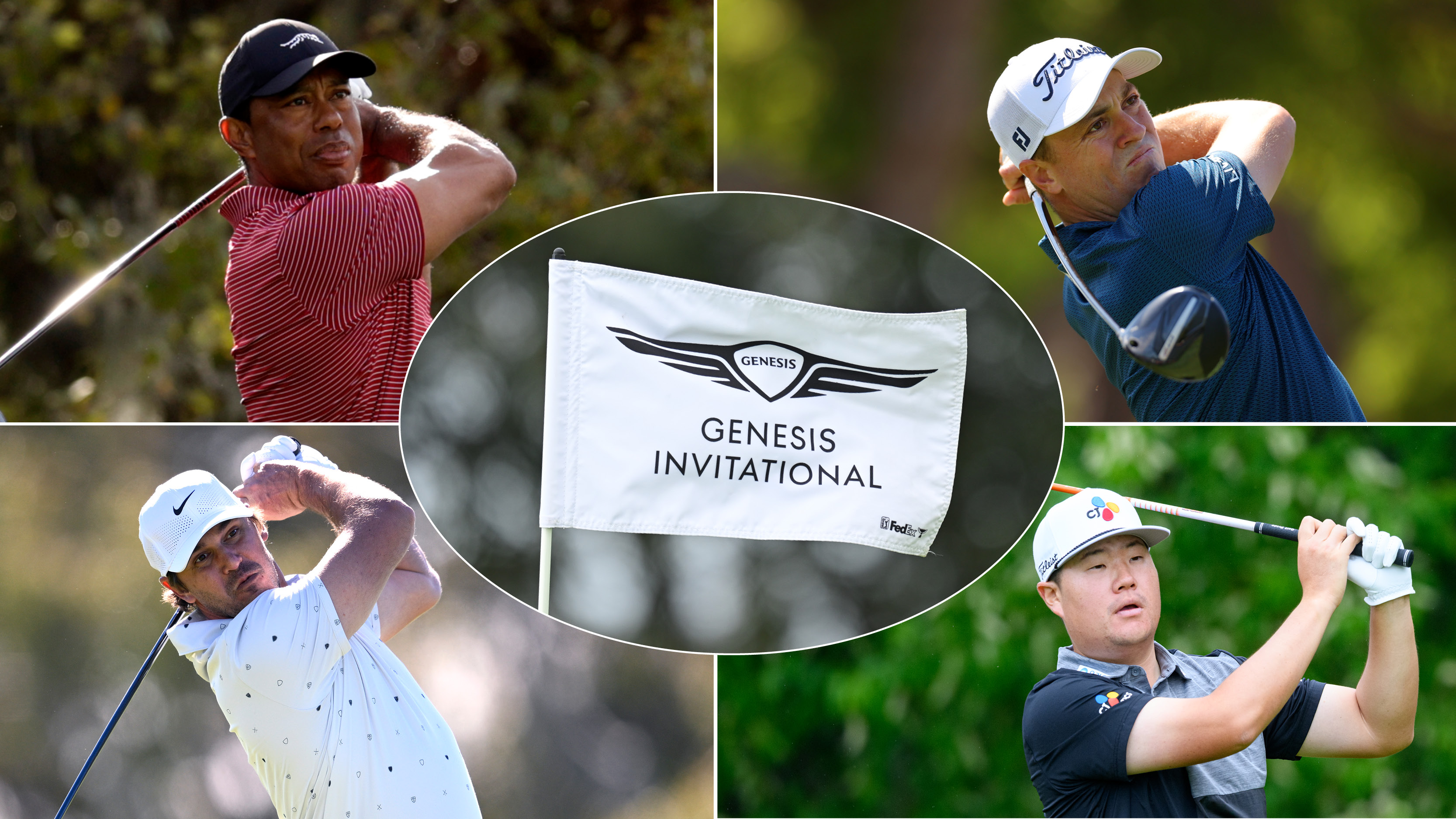 Tiger Woods, Justin Thomas, Brooks Koepka, Sungjae Im and a white Genesis Invitational flag
