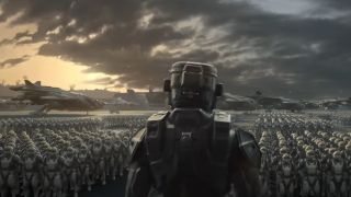 illustration of a futuristic soldier, seen from behind, facing a sea of his comrades.