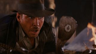 Indiana Jones face to face with cobra in Raiders Of The Lost Ark