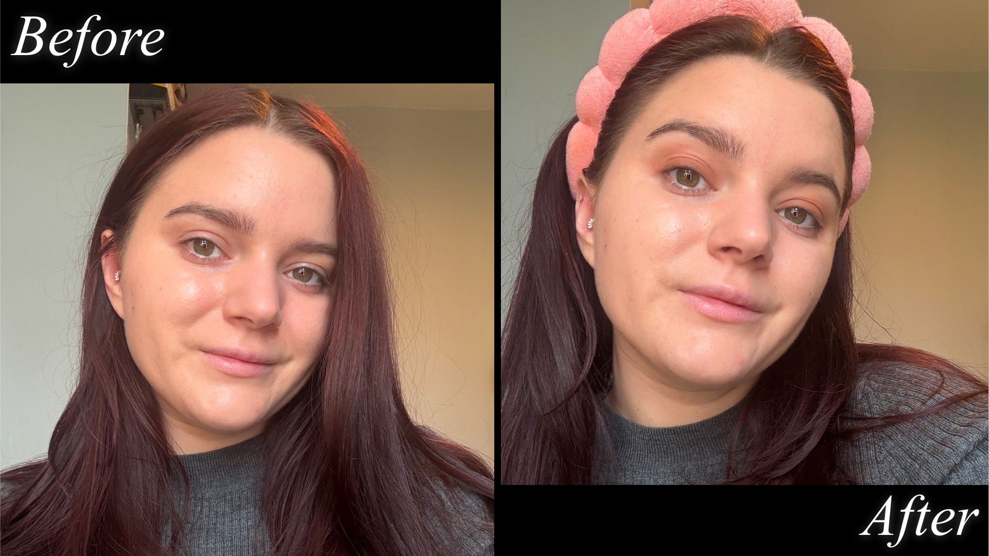 split image of brooke knappenberger testing merit beauty solo shadow in midcentury with before and after text on black background