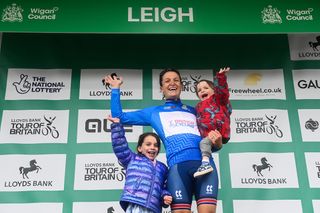 Picture by Simon Wilkinson/SWpix.com - 09/06/2024 - Cycling - UCI Women's World Tour - Lloyds Bank Tour of Britain Women - Stage 4: National Cycling Centre to Leigh, Greater Manchester, England - Lizzie Deignan of Great Britain Cycling Team on the podium wins the Queen of the Mountains Classification