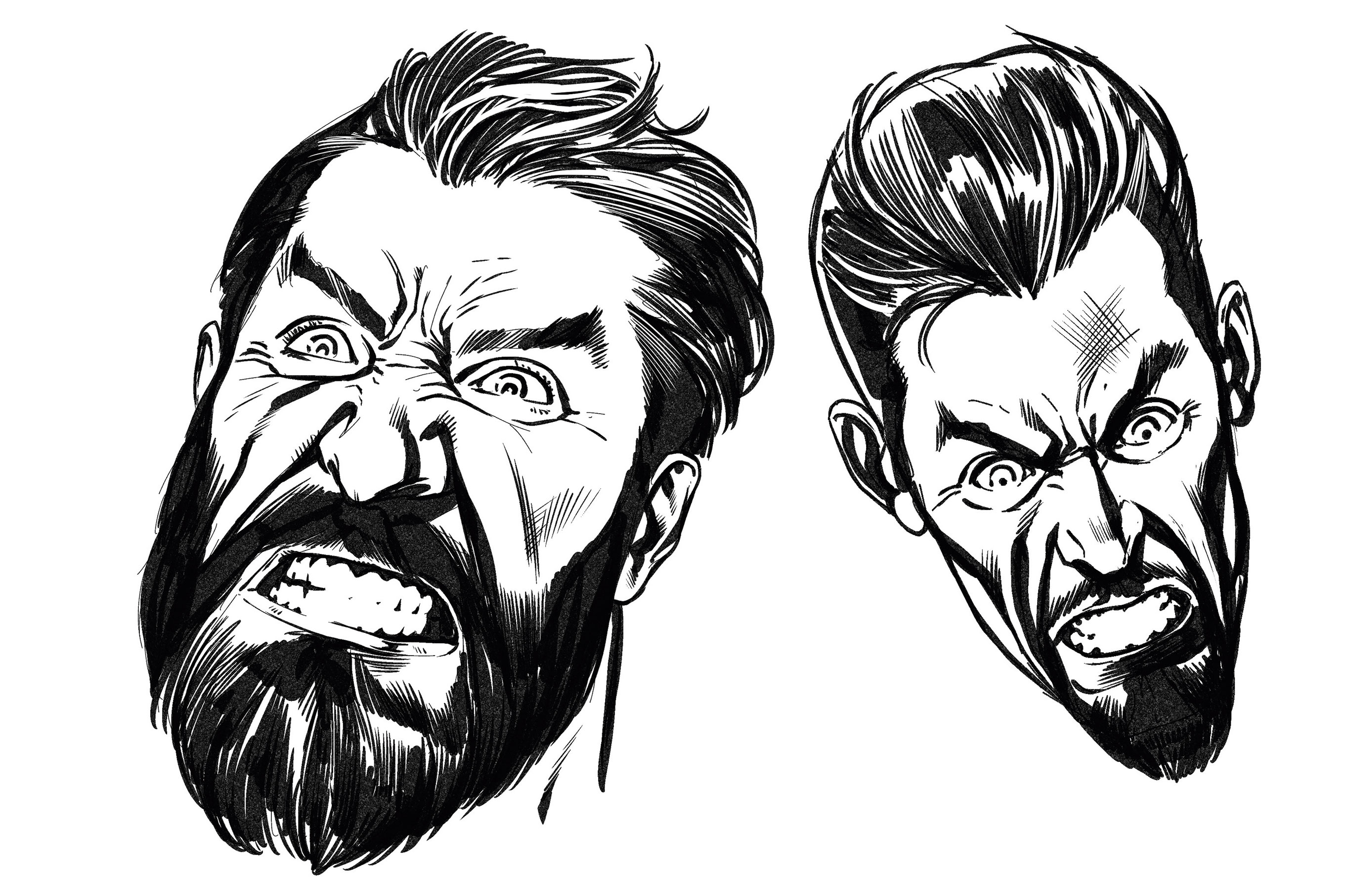 Two drawings of an angry looking man