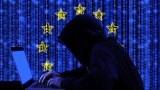 A shadowy figure in front of a digital EU flag