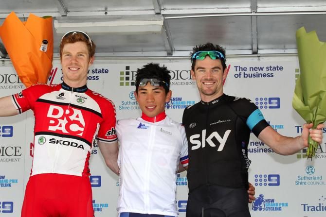 Men's Podium. Thomas Palmer (Drapac), Caleb Ewan (Orica-GreenEdge) and CJ Sutton (Team Sky)