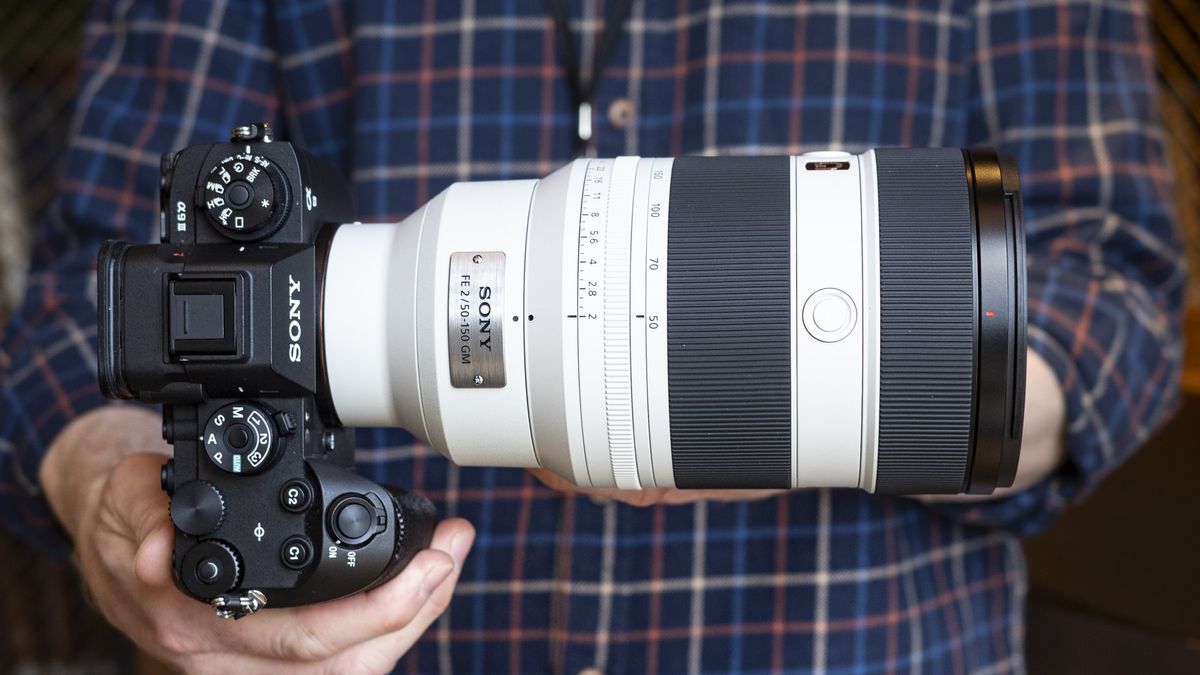 Sony FE 50-150mm F2 GM lens attached to a Sony A9 III, in the hand