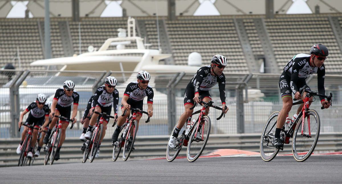 UAE Abu Dhabi riding the Yas Marina circuit shortly before the team announced Emirates Airlines as a new title sponsor