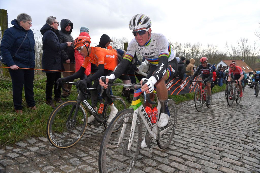 NINOVE BELGIUM FEBRUARY 29 Mads Pedersen of Denmark and Team Trek Segafredo Molenberg 463m Cobblestones Fans Public during the 75th Omloop Het Nieuwsblad 2020 Men Race a 200km race from Ghent to Ninove OmloopHNB OHN20 on February 29 2020 in Ninove Belgium Photo by Tim de WaeleGetty Images