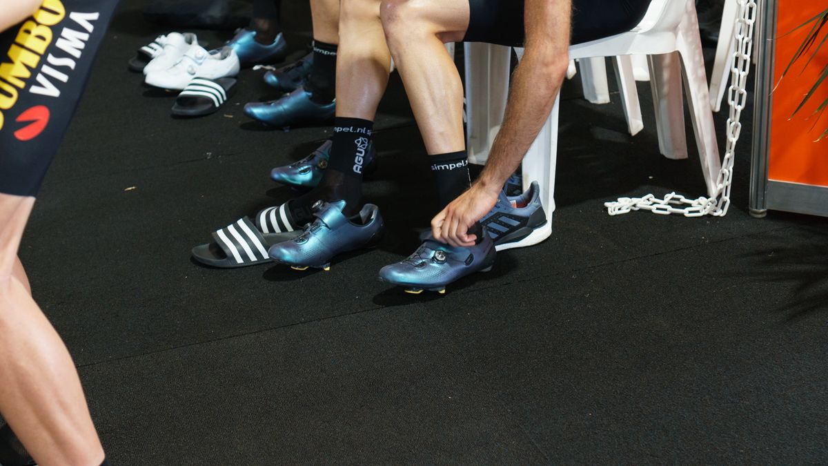 Team Jumbo-Visma wear Shimano's S-Phyre RC901 shoes in an unreleased pearlescent finish