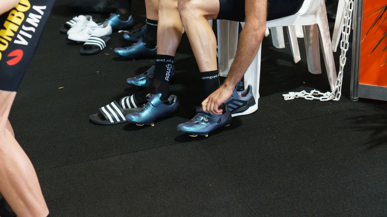 Team Jumbo-Visma wear Shimano's S-Phyre RC901 shoes in an unreleased pearlescent finish