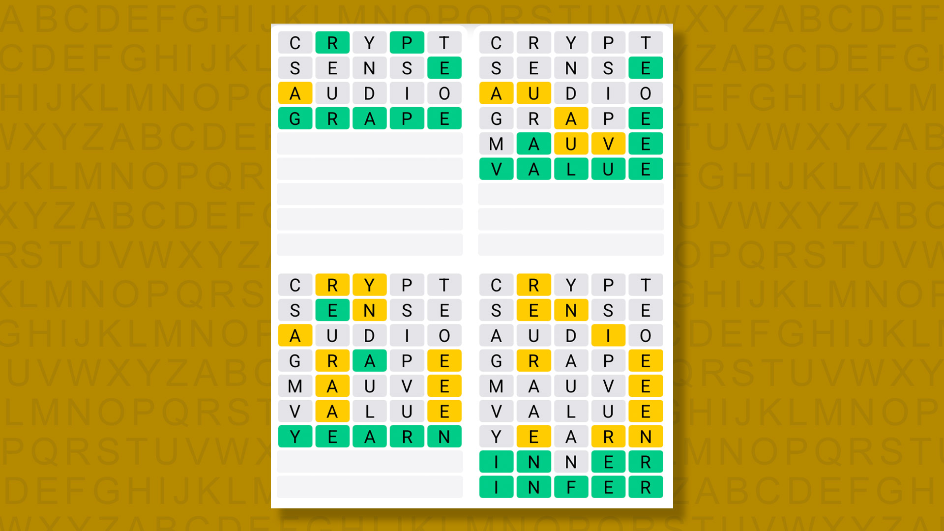 Quordle answers for game 1585 on a yellow background