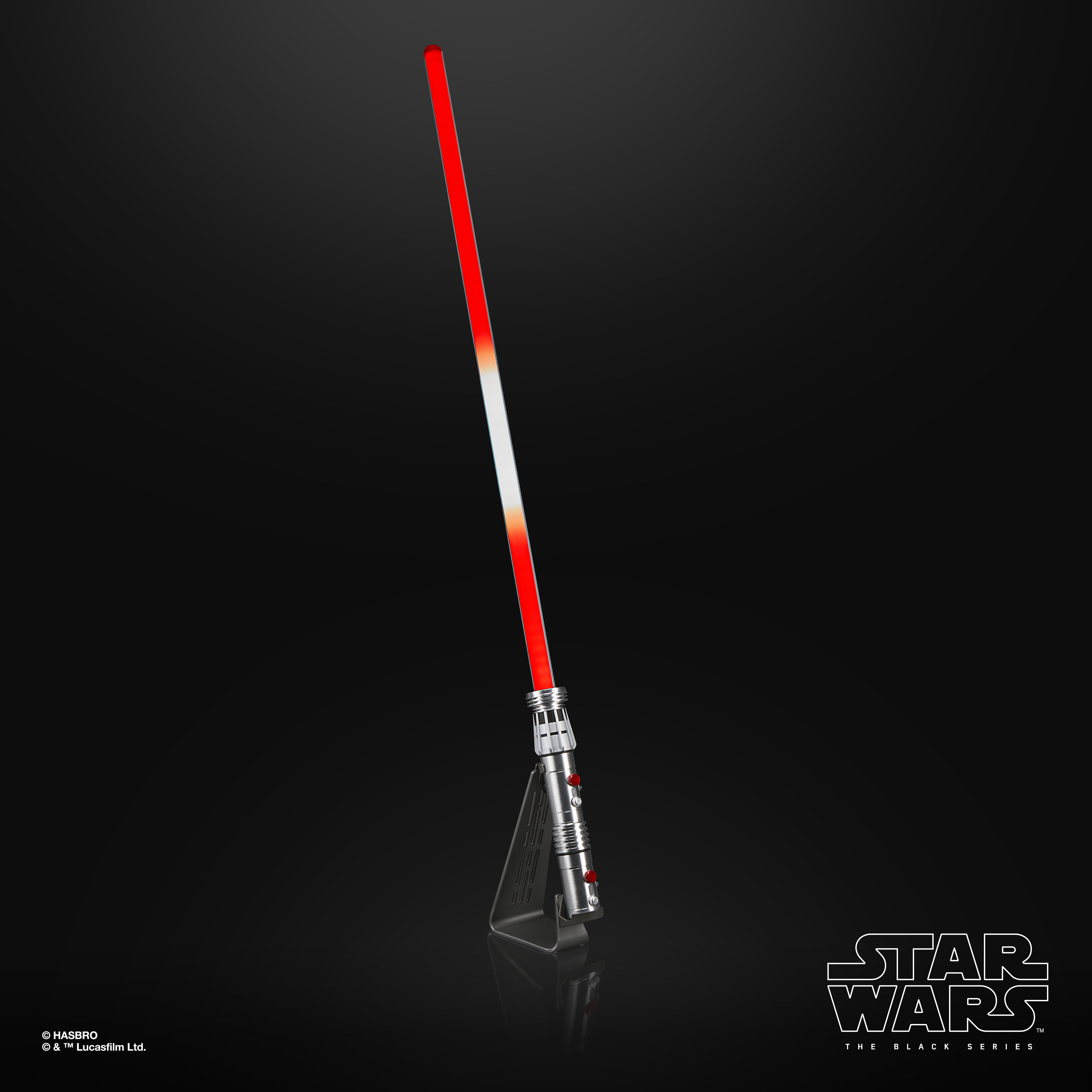 Star Wars The Black Series Force FX Elite Maul Lightsaber hilt and blade on a stand against a black background