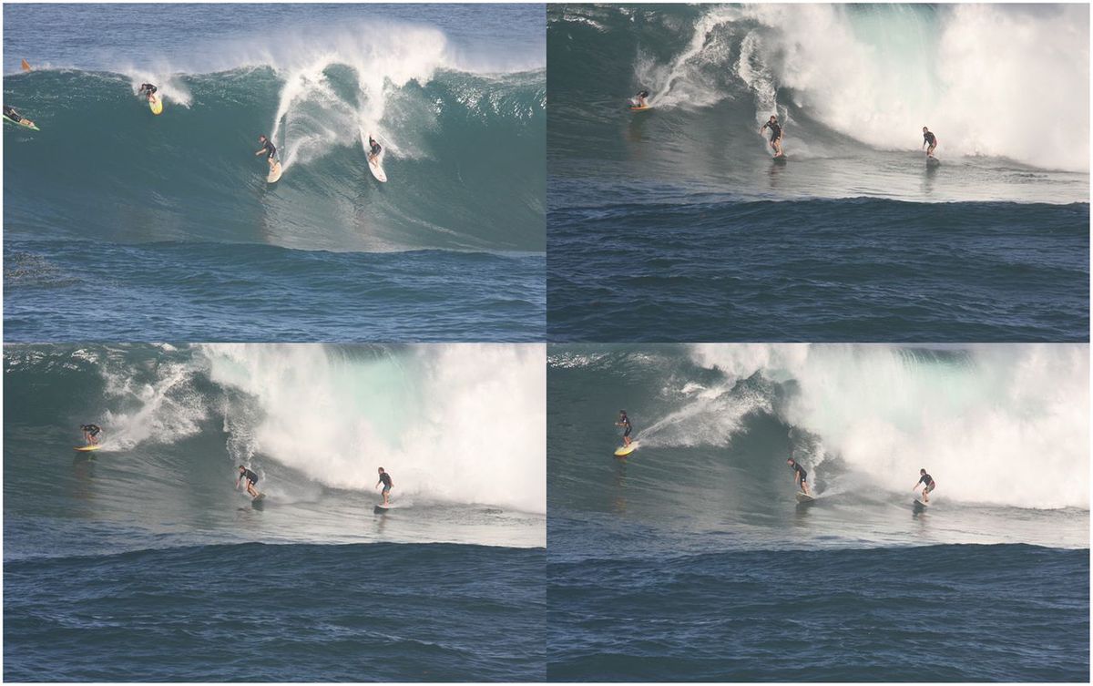 An image of surfers surfing a wave.