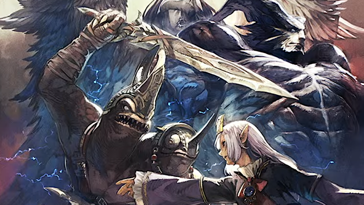 Promotional art for patch 7.1: Crossroads in Final Fantasy 14, where Bakool Ja Ja does battle with an assailant.