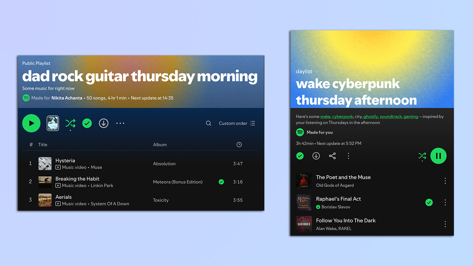 Screenshots taken from the Spotify app of the Daylist feature titles and songs.