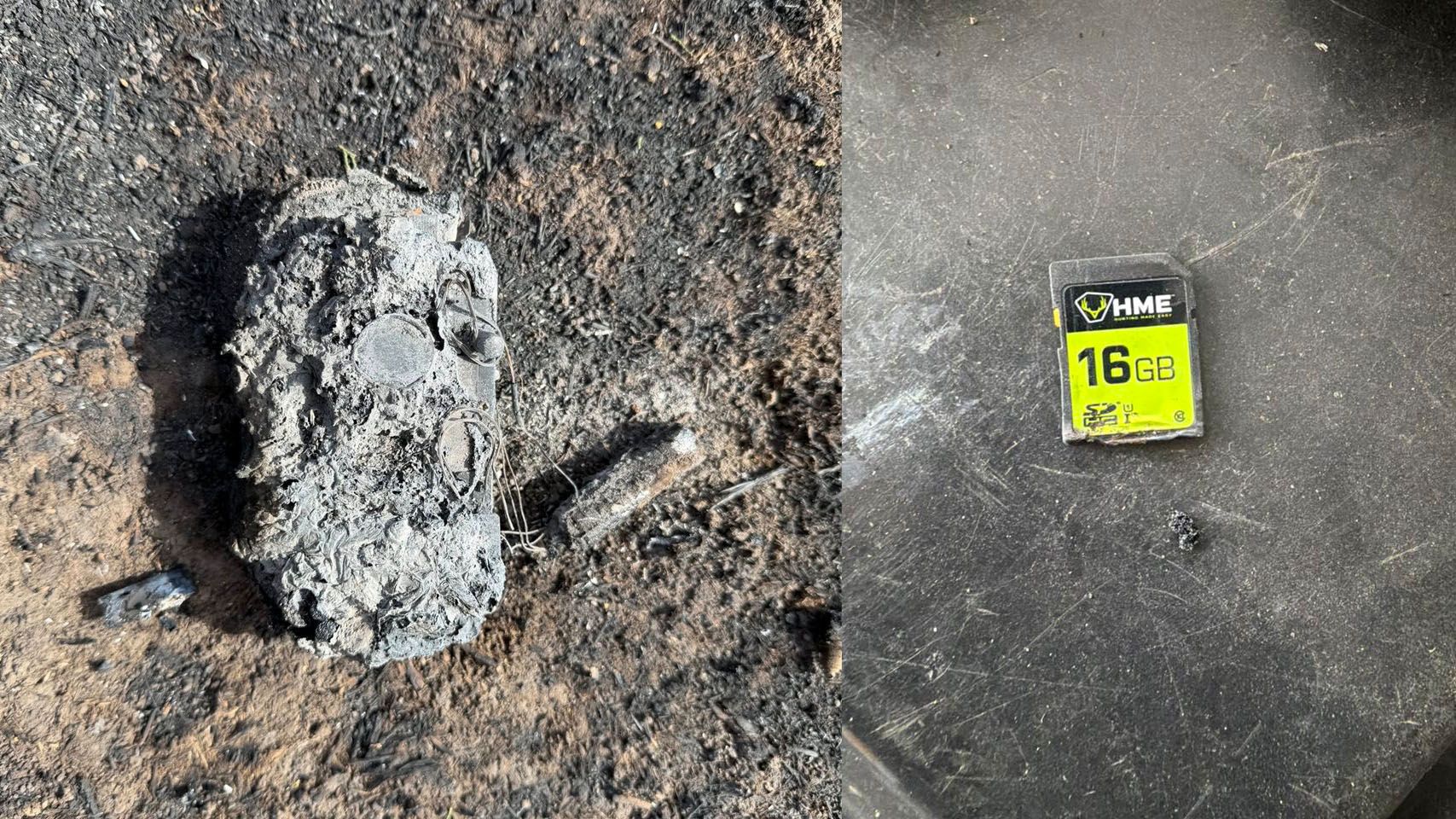 This trail camera melted in a wildfire, but the memory card – and the images of the fire – survived