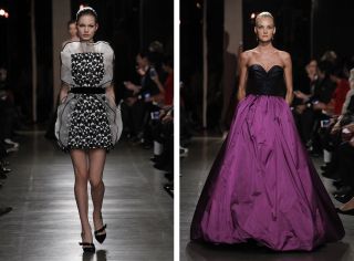 2 models on runway wearing one short black and white dress with white voile frill and one long dress with full pink skirt and navy top