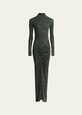 Studded Long-Sleeve Draped Sheer Maxi Dress