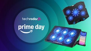 Two laptop cooling pads on a TechRadar Prime Day deals banner with a blue and green background.