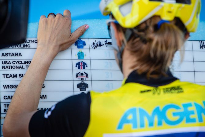 UnitedHealthcare's Katie Hall signs on as race leader at the start of stage 3 of the 2018 Amgen Women's Race