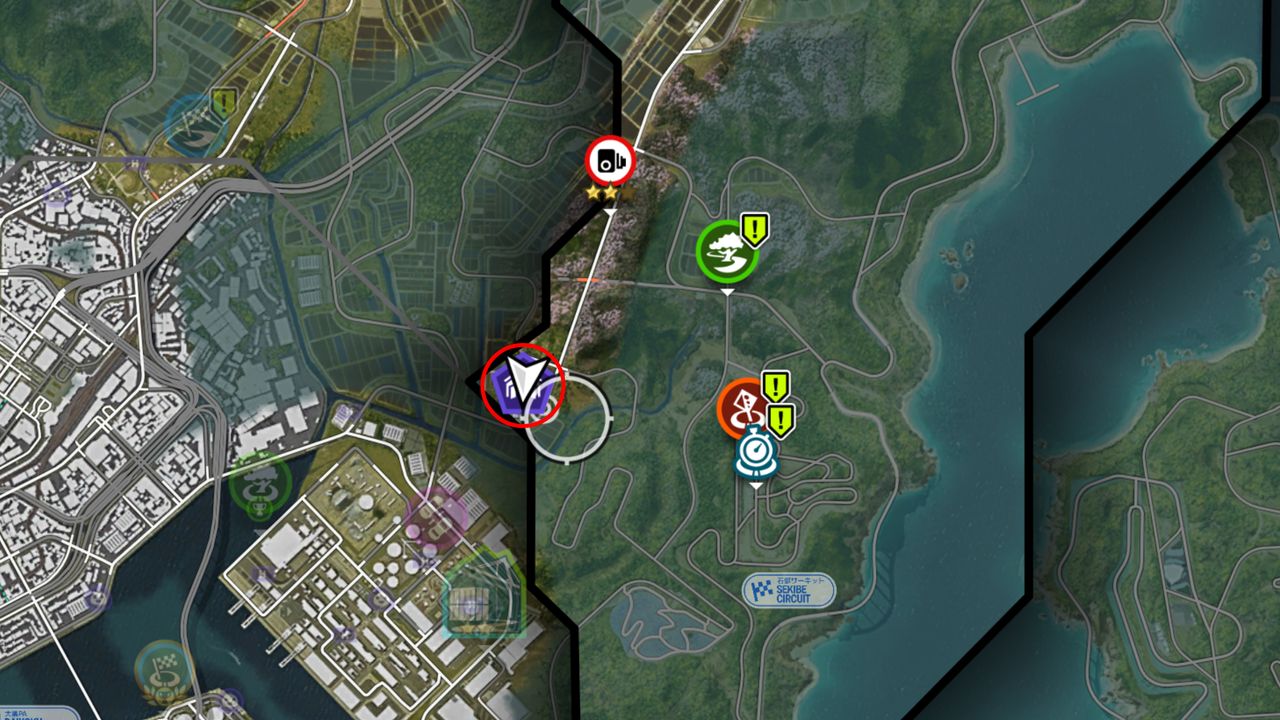 Forza Horizon 6 Barn Finds: A map with a red circle showing the location of the Barn Find within the purple search area.
