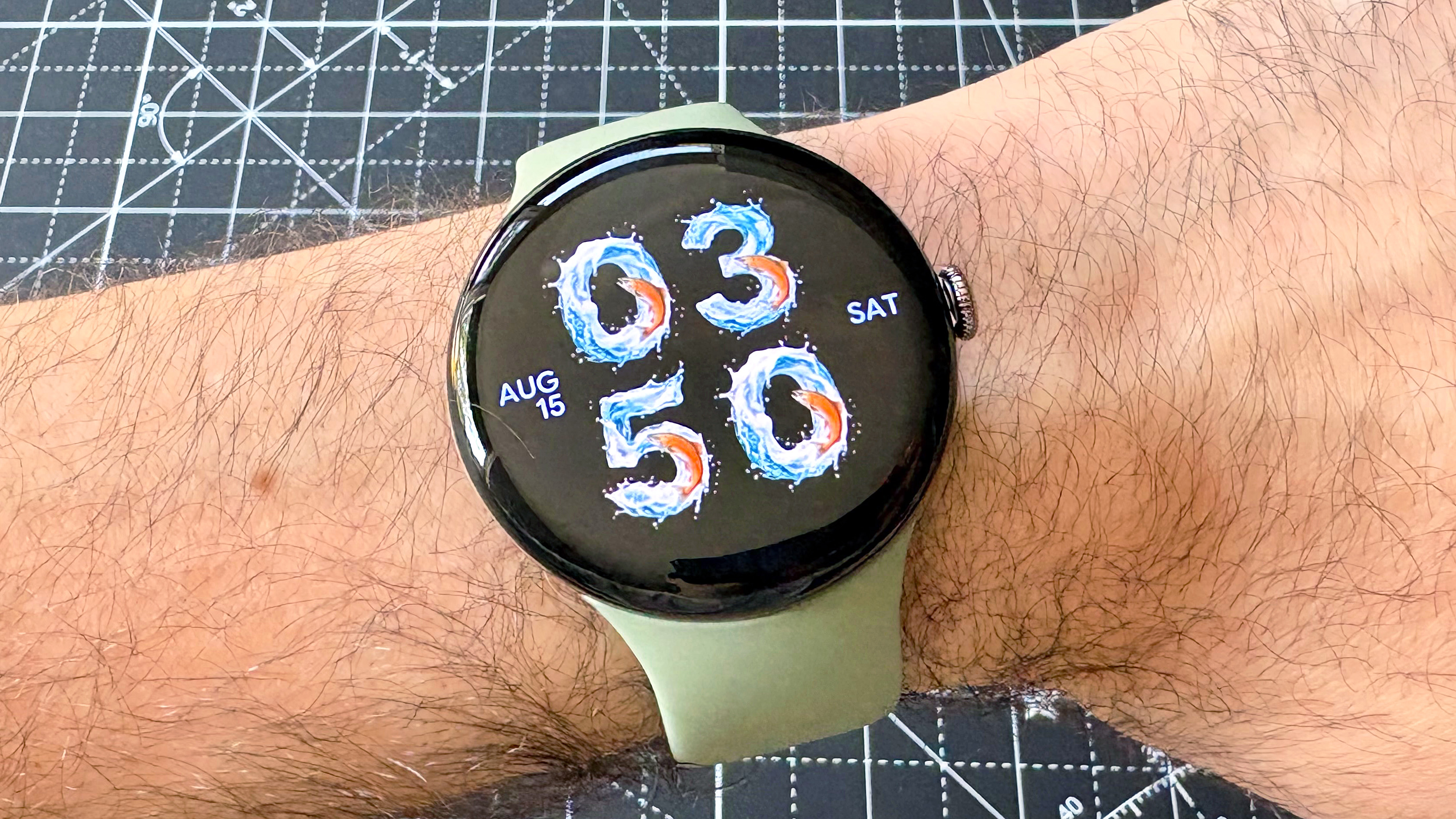 Close-up of the AI watch face generating feature on the Pixel Watch 5 smartwatch