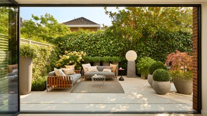 a modern garden viewed from behind huge open glass doors